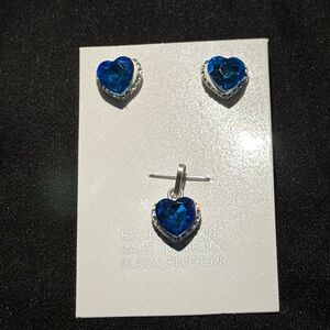 925 Sterling Silver Blue Heart Earrings Set